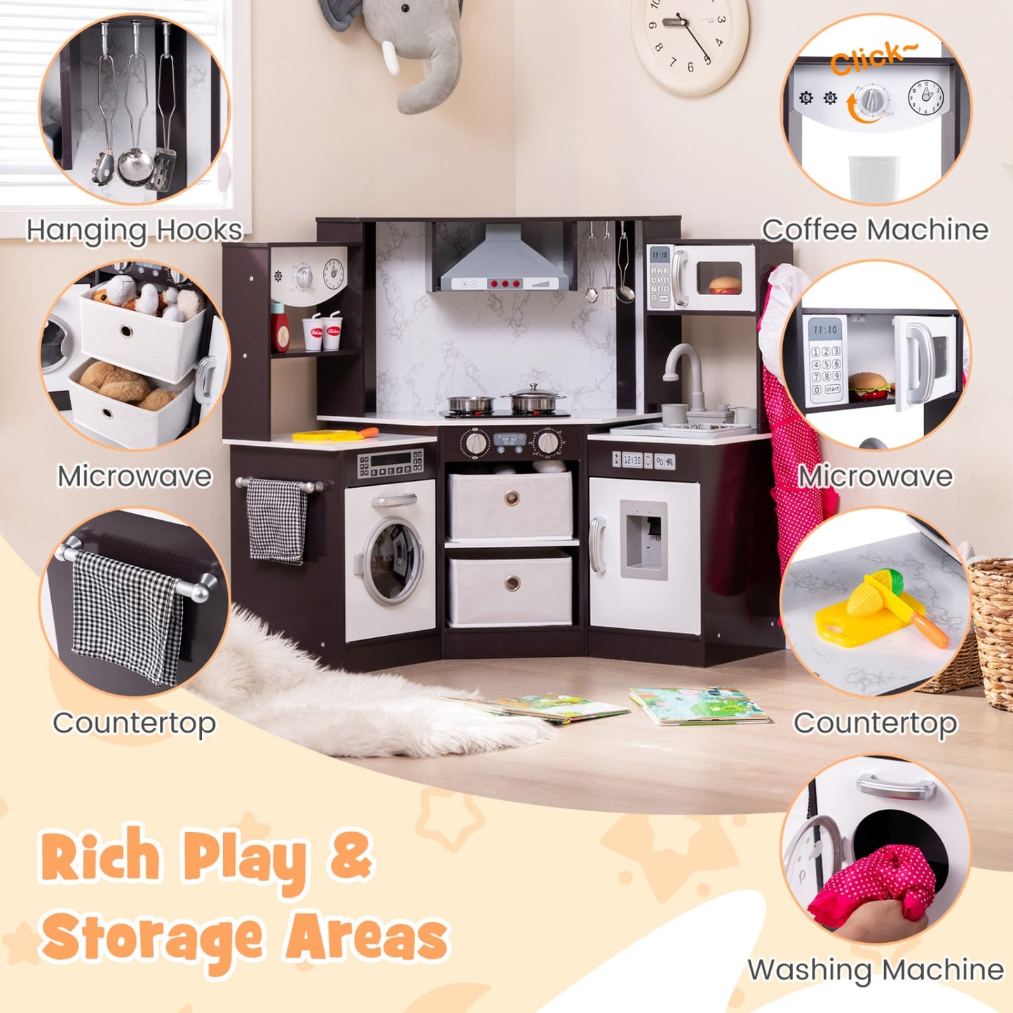 Wooden Kids Play Kitchen Playset, Realistic Lights And Sounds, Coffee Play Kitchen Sets at Gallery Canada