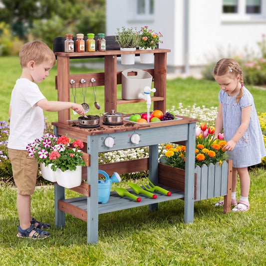 Wooden Mud Kitchen Set With Running Water Faucet Tank, Blue Play Kitchen Sets Blue at Gallery Canada