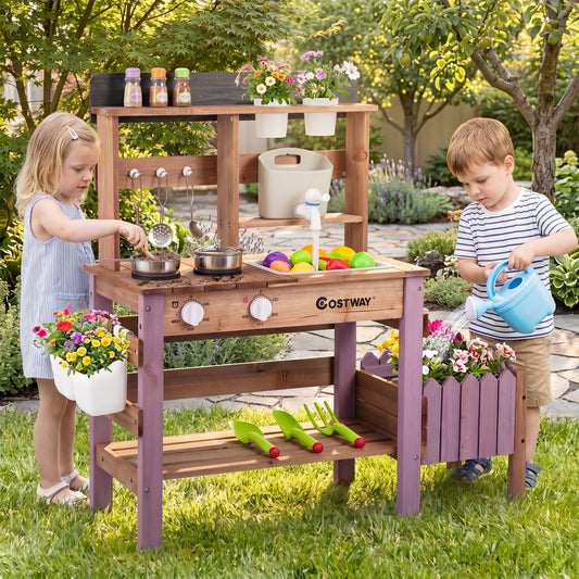 Wooden Mud Kitchen Set With Running Water Faucet Tank, Purple Play Kitchen Sets Purple at Gallery Canada