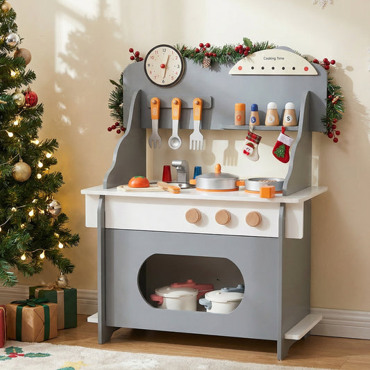 Wooden Play Kitchen for Kids Pretend Play Toy Kitchen Set with Clock Gift for Boys and Girls 3 +, Gray Play Kitchen Sets Gray at Gallery Canada