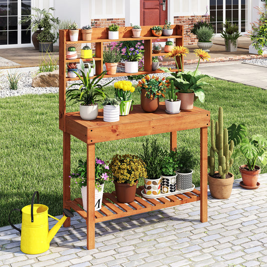 Wooden Potting Bench Table, 61" Garden Workstation, 3-Tier Shelf, Brown Potting Benches & Tables Brown at Gallery Canada