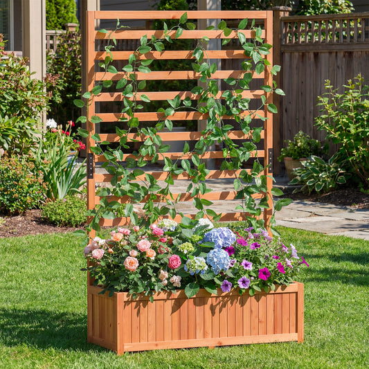 Wooden Raised Garden Bed 59 Inch Tall Elevated Planter Box with Vertical Trellis, Orange Raised Garden Beds Orange at Gallery Canada