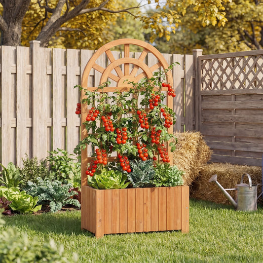 Wooden Raised Garden Bed With Trellis, 48 Inch, Brown Raised Garden Beds Brown at Gallery Canada