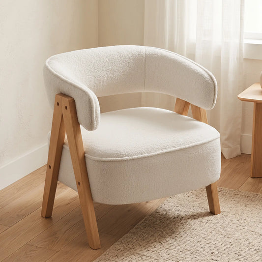 Sherpa Fleece Accent Chair, Upholstered Armchair with Wood Legs, White Accent Chairs White at Gallery Canada