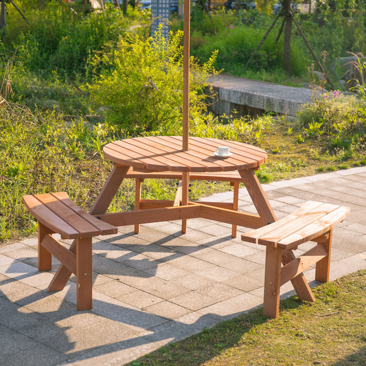 Round Wood Picnic Table Set, 6 Person, with Umbrella Hole, Brown Outdoor Dining Sets Brown at Gallery Canada
