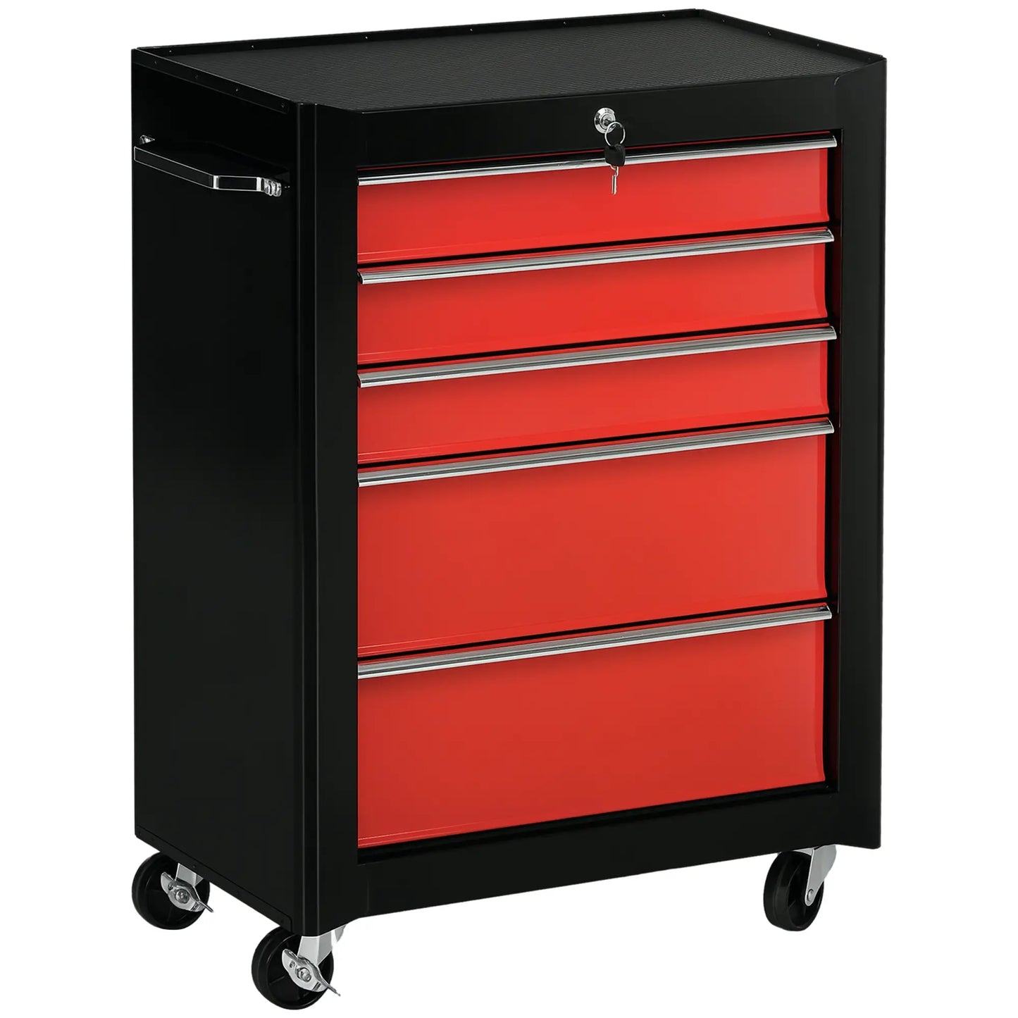 5-Drawer Rolling Tool Chest, Lockable Tool Cabinet, 4 Wheels, Black, Red