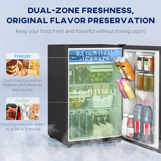 4.5 Cu Ft Mini Fridge with Freezer, Wheels, Adjustable Thermostat, Black Small Kitchen Appliances Black at Gallery Canada
