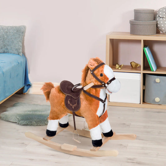 Kids Rocking Horse, Plush Ride-On Toy, Realistic Sound, Brown, Red Rocking Horses Red Brown at Gallery Canada