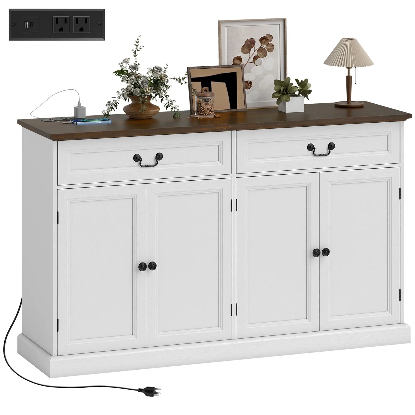 55" Buffet Cabinet, White Wood Grain, Charging Station, 2 Drawers, White Bar Cabinets at Gallery Canada