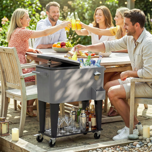 80 Quart Rolling Patio Cooler Cart With Storage Shelf, Locking Wheels, Bottle Opener Cooler Boxes Black, Grey at Gallery Canada