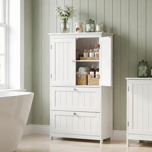 Narrow Bathroom Cabinet, 2 Drawers, Adjustable Shelf, White Freestanding Bathroom Cabinets White at Gallery Canada