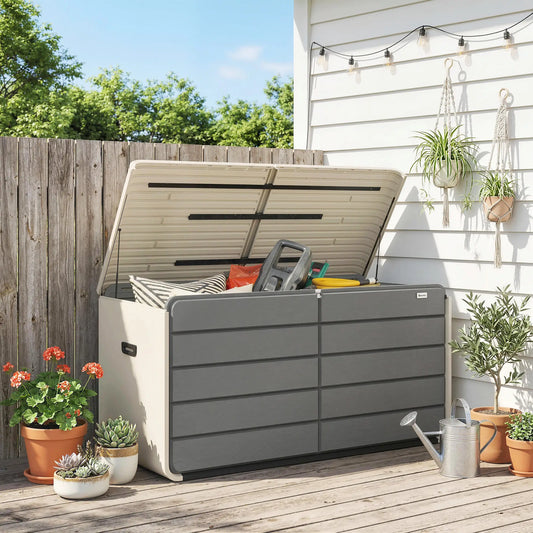 Outdoor Storage Box With Lockable Lid, HDPE Garden Deck Box With Wheels 757 L Patio Storage Boxes Beige, Smoky Grey at Gallery Canada