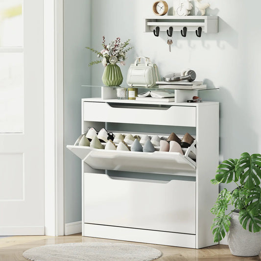 High Gloss Shoe Cabinet, 2 Flip Drawers, Adjustable Shelves, Glass Top, White Shoe Storage Cabinets & Racks High Gloss White at Gallery Canada