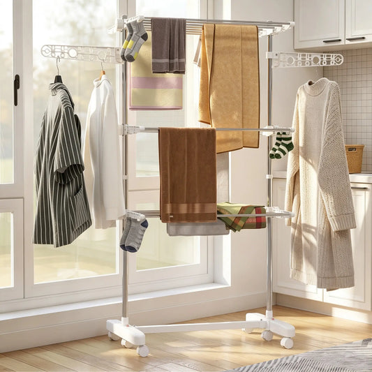 3-Tier Foldable Clothes Drying Rack, Stainless Steel, White Bath Accessories Silver and White at Gallery Canada