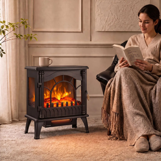 Electric Fireplace 1000W/2000W Freestanding Heater With Thermostat, 3D Flame Effect, Black Electric Fireplaces Black at Gallery Canada