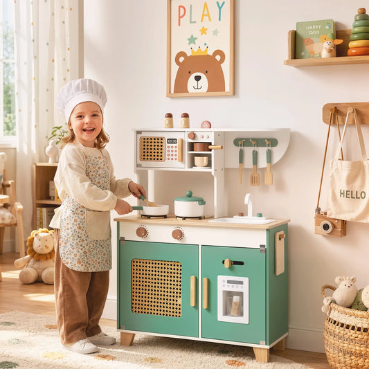 Wooden Play Kitchen Set, 19PCs, Ages 3-6, Green Play Kitchen Multi Colour at Gallery Canada