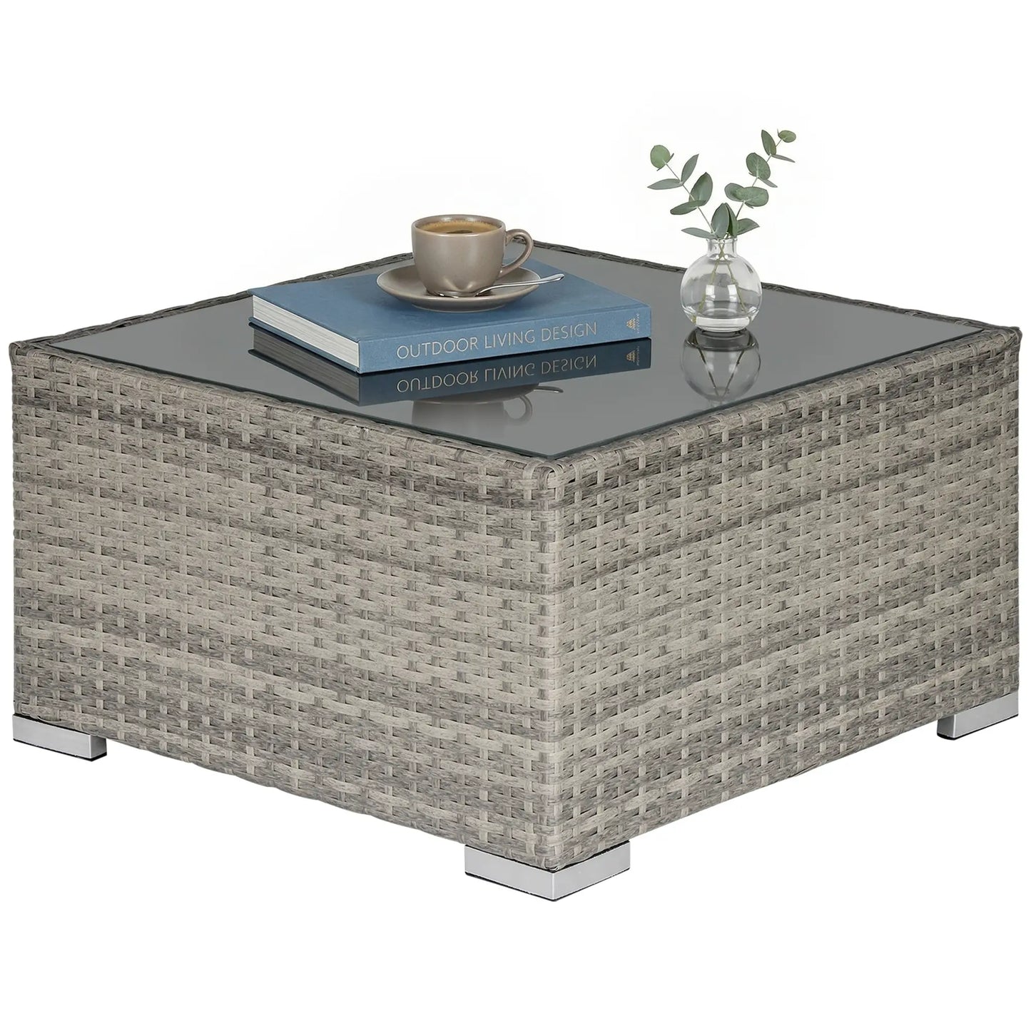 Rattan Garden Coffee Table, 25.6" Square, Tempered Glass Top, Grey Patio Side Tables at Gallery Canada