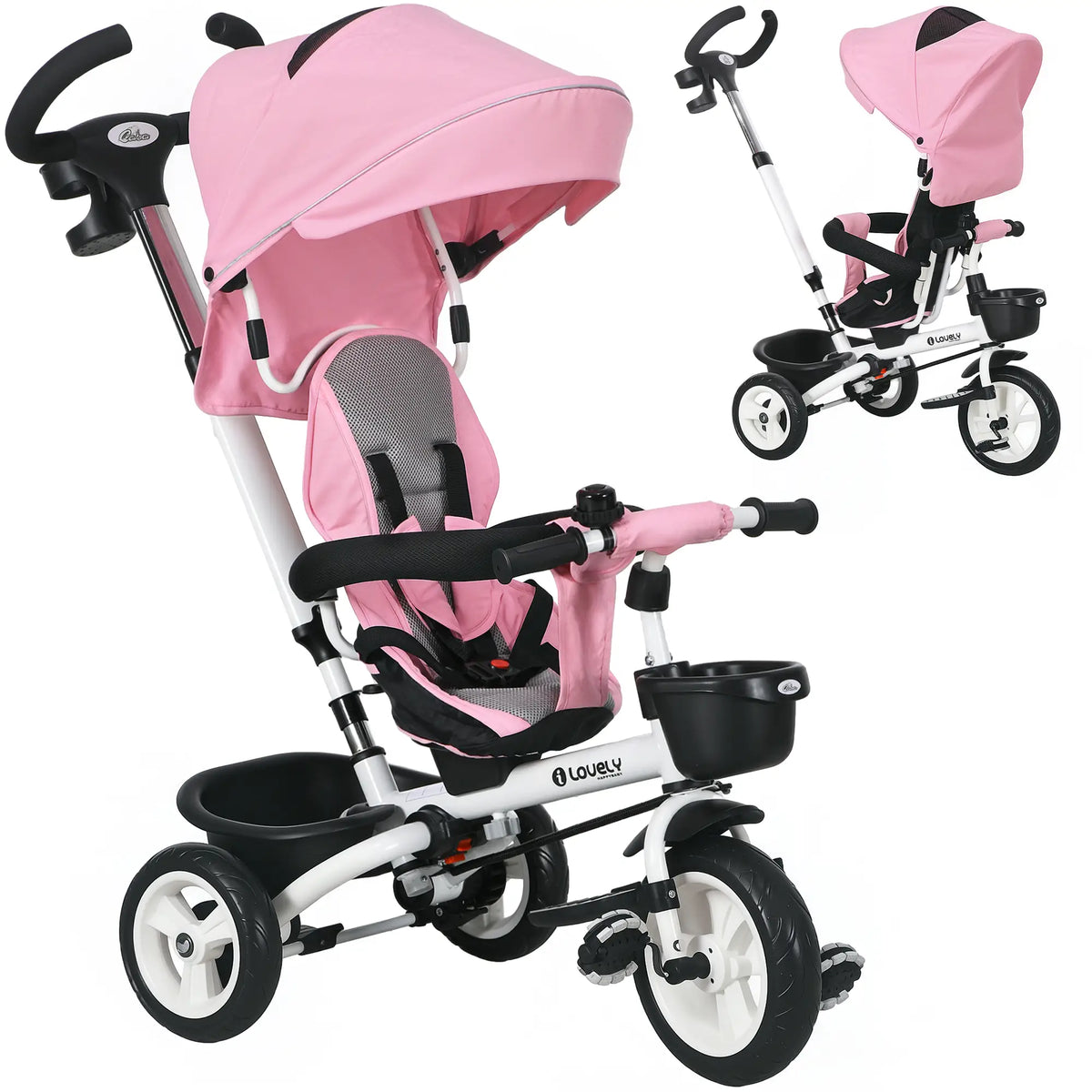 6 in 1 Toddler Tricycle, Parent Push Handle, Canopy, Storage Baskets, Pink Tricycles for Kids at Gallery Canada