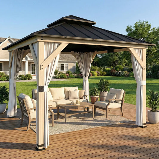10' x 10' Hardtop Gazebo, Steel Roof, Wood Patio, Light Grey Gazebos Grey Wash, Dark Grey, Light Grey at Gallery Canada