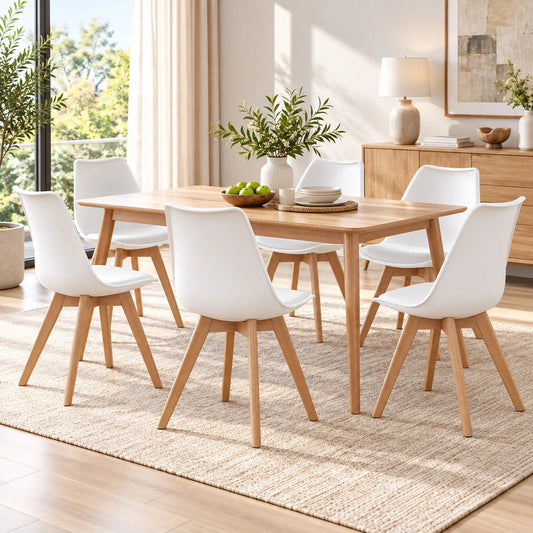 Rubber Wood Dining Table Chairs Set, 6 Chairs, PU Leather Cushion Dining Chairs White, Natural at Gallery Canada