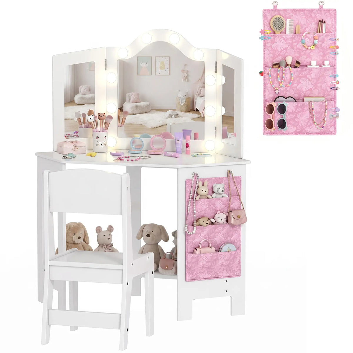 Kids Vanity Table and Chair Set with Lights, Tri-Fold Mirror, White Kids Bedroom Furniture at Gallery Canada