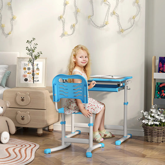 Adjustable Study Table, Chair Set with Drawer, Blue Kids Desk Sets Blue at Gallery Canada