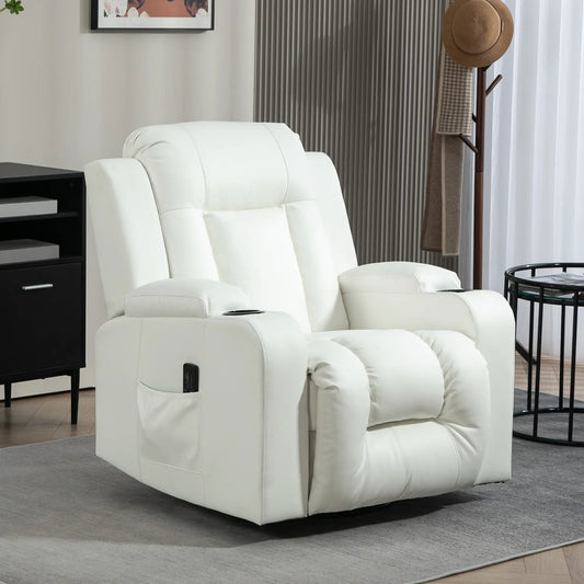Swivel Massage Recliner Chair, Manual Rocker, PU Leather, Cream White Single Sofas Cream at Gallery Canada