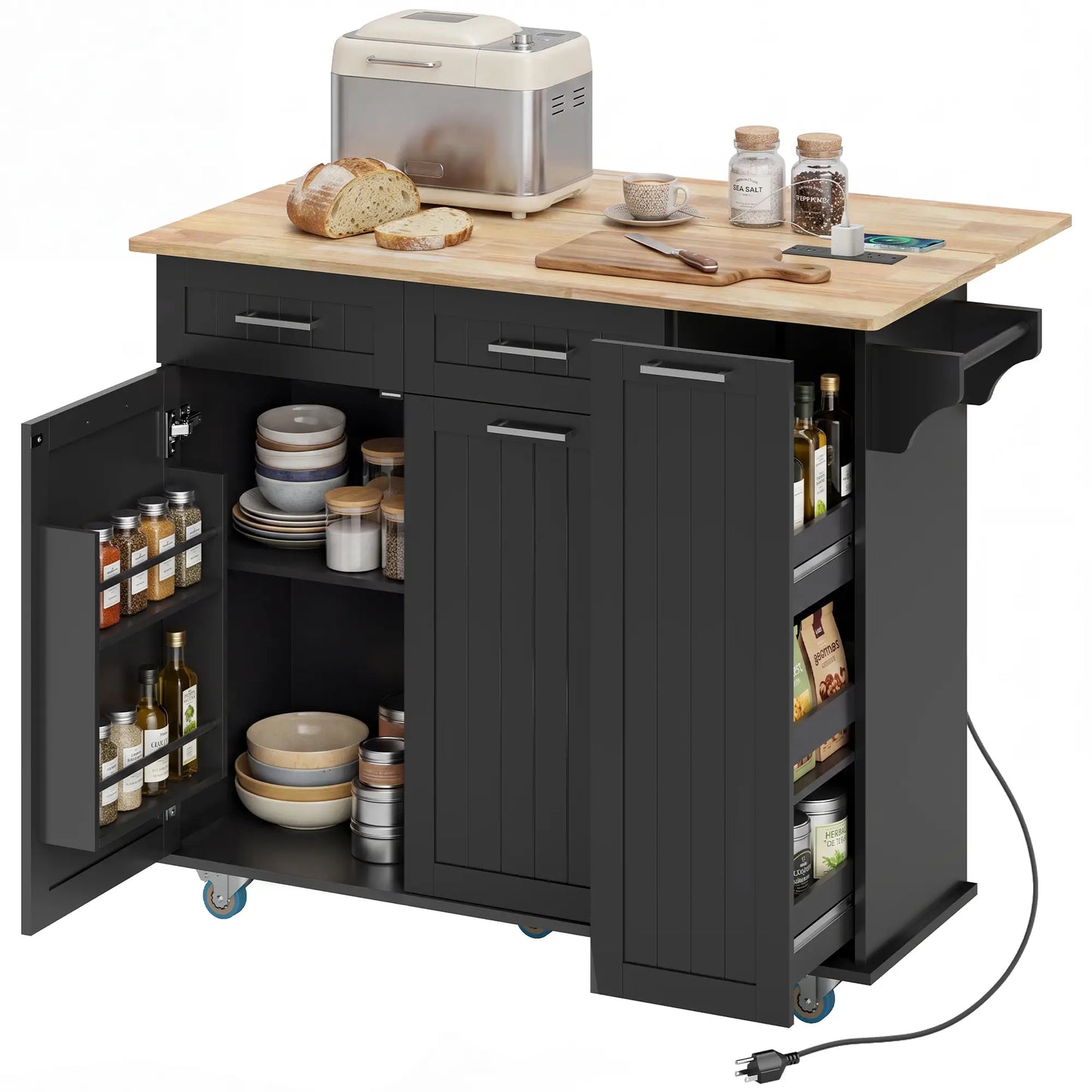 Rolling Kitchen Island With Drop Leaf, Charging Station, Black Kitchen Islands & Kitchen Carts at Gallery Canada