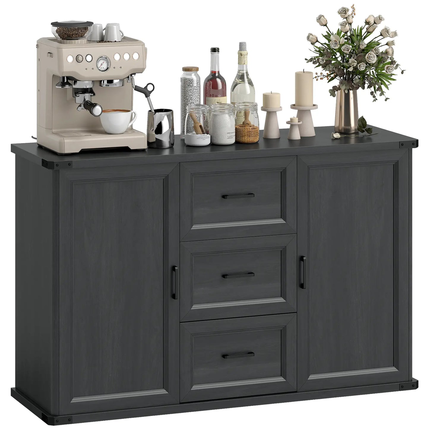 47" Sideboard With 3 Drawers, 2 Doors, Adjustable Shelves, Wood Grain, Black Storage Cabinets at Gallery Canada