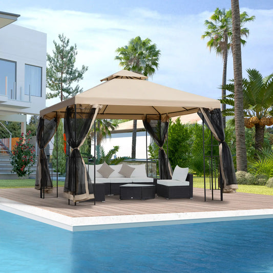 10x10ft Outdoor Gazebo, Double Top Pavilion, Steel Frame, Mosquito Netting Gazebos Sand Color Fabric, Black Frame and Netting at Gallery Canada