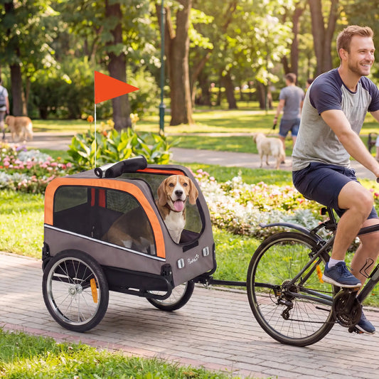 Dog Bike Trailer, Pet Cart Carrier With 2 Doors, Large Wheels, Safety Flag Dog Bike Trailers & Strollers Grey, Orange, Black at Gallery Canada