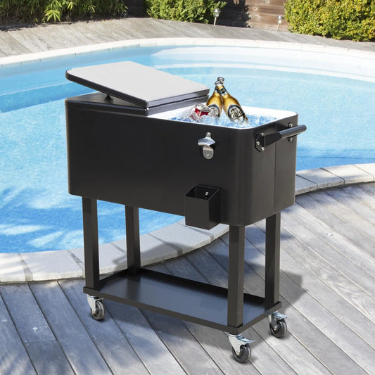 80 Quart Rolling Cooler Cart, Portable Ice Beverage Bin, Outdoor Party, Black Cooler Boxes Black at Gallery Canada