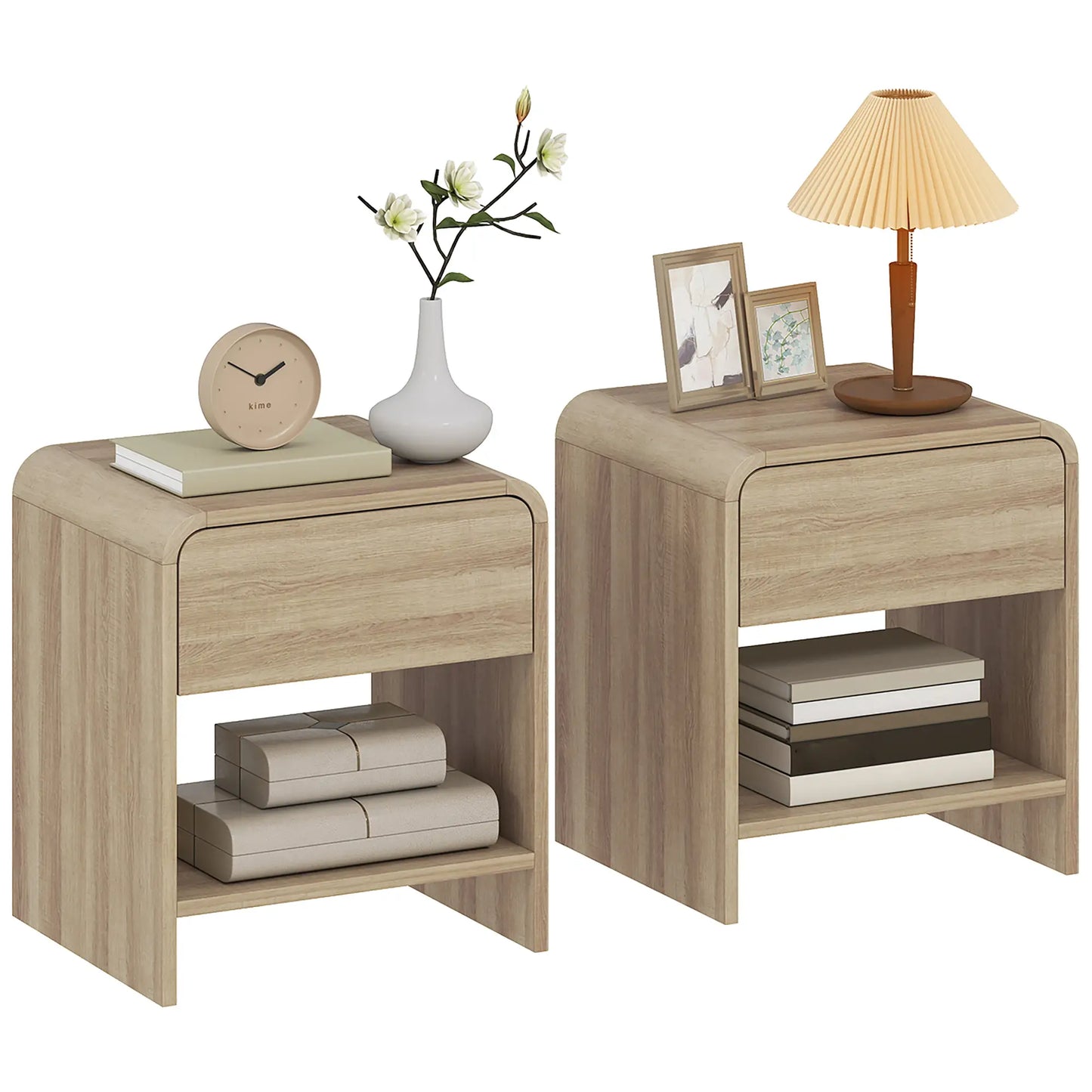 Modern Nightstand Set Of 2, Natural Wood, With Drawer And Open Shelf Bedside Tables at Gallery Canada