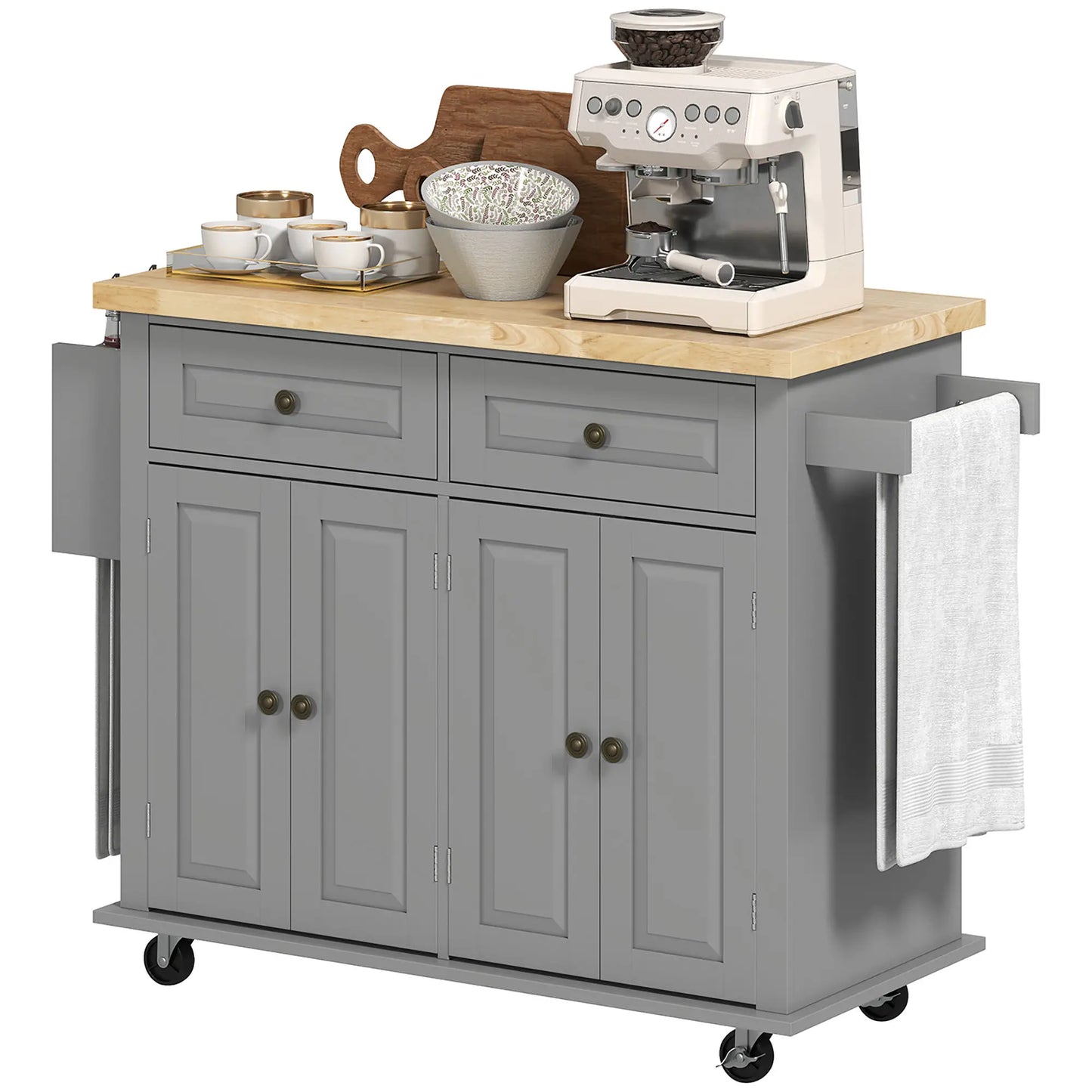Kitchen Island with Storage, Rolling Cart, Rubber Wood Top, Grey Kitchen Islands & Kitchen Carts at Gallery Canada