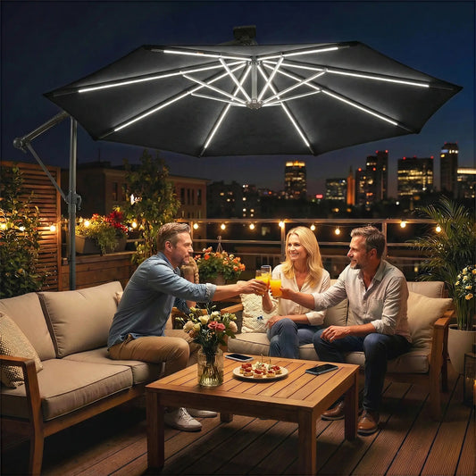 10 ft Offset Patio Umbrella With Solar Light, 360° Rotation, Tilt, Cover, Black Offset Cantilever Umbrellas Black at Gallery Canada