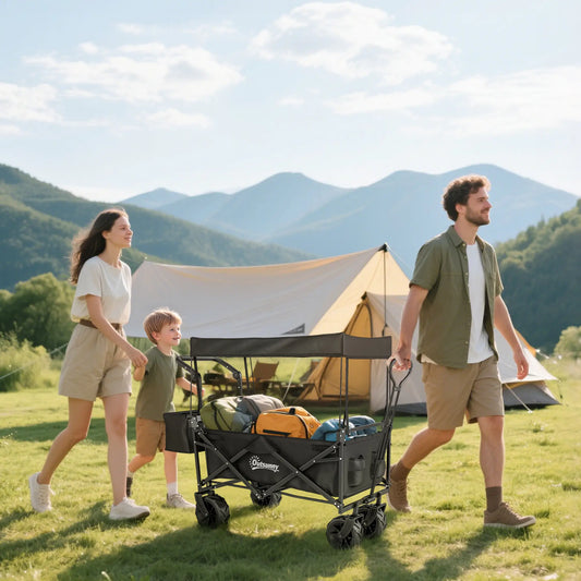 80L Folding Wagon Cart, Heavy-Duty Collapsible, Adjustable Handle, Black Folding Garden Carts Black at Gallery Canada