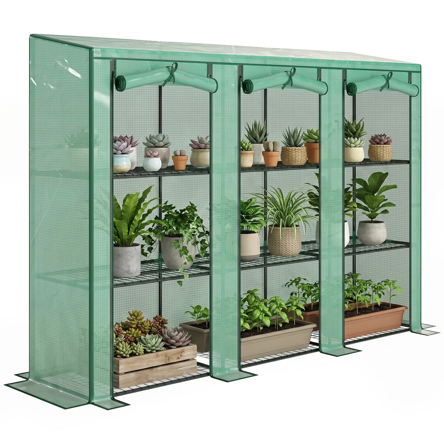Lean-To Greenhouse, 3 Tier Shelves, 3 Roll-Up Doors, Indoor Outdoor, Green Greenhouses at Gallery Canada