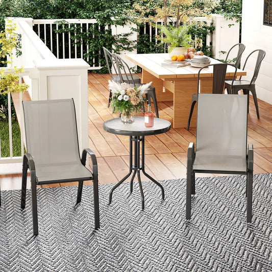 3 Piece Bistro Set, Small Patio Furniture, Stackable Mesh Chairs, Glass Table, Light Grey