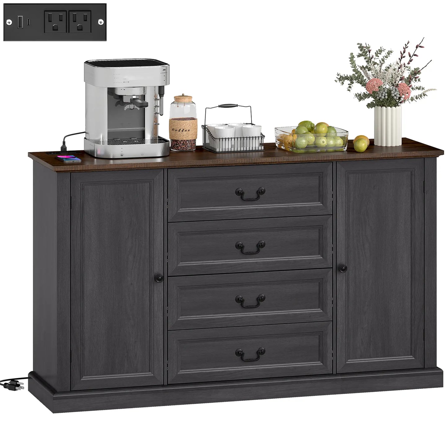 Farmhouse Sideboard with Charging Station, 58" Buffet Cabinet, Black Storage Cabinets at Gallery Canada