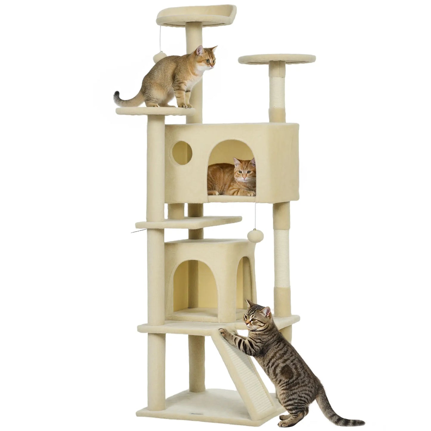 63" Cat Tree, Multi-Level Cat Tower With Scratching Posts, Bed, Cream White Multi-Level Cat Towers at Gallery Canada