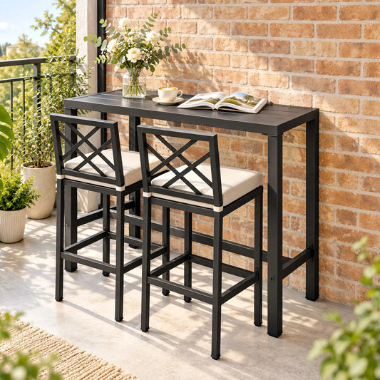 3 Piece Patio Bar Set, Outdoor Bar Table and Stools, Electrophoresis Steel Tabletop, X Back, Footrest, Cushions, Khaki