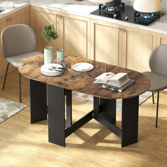 Oval Folding Dining Table, Drop Leaf Kitchen Table, Rustic Brown, Brown