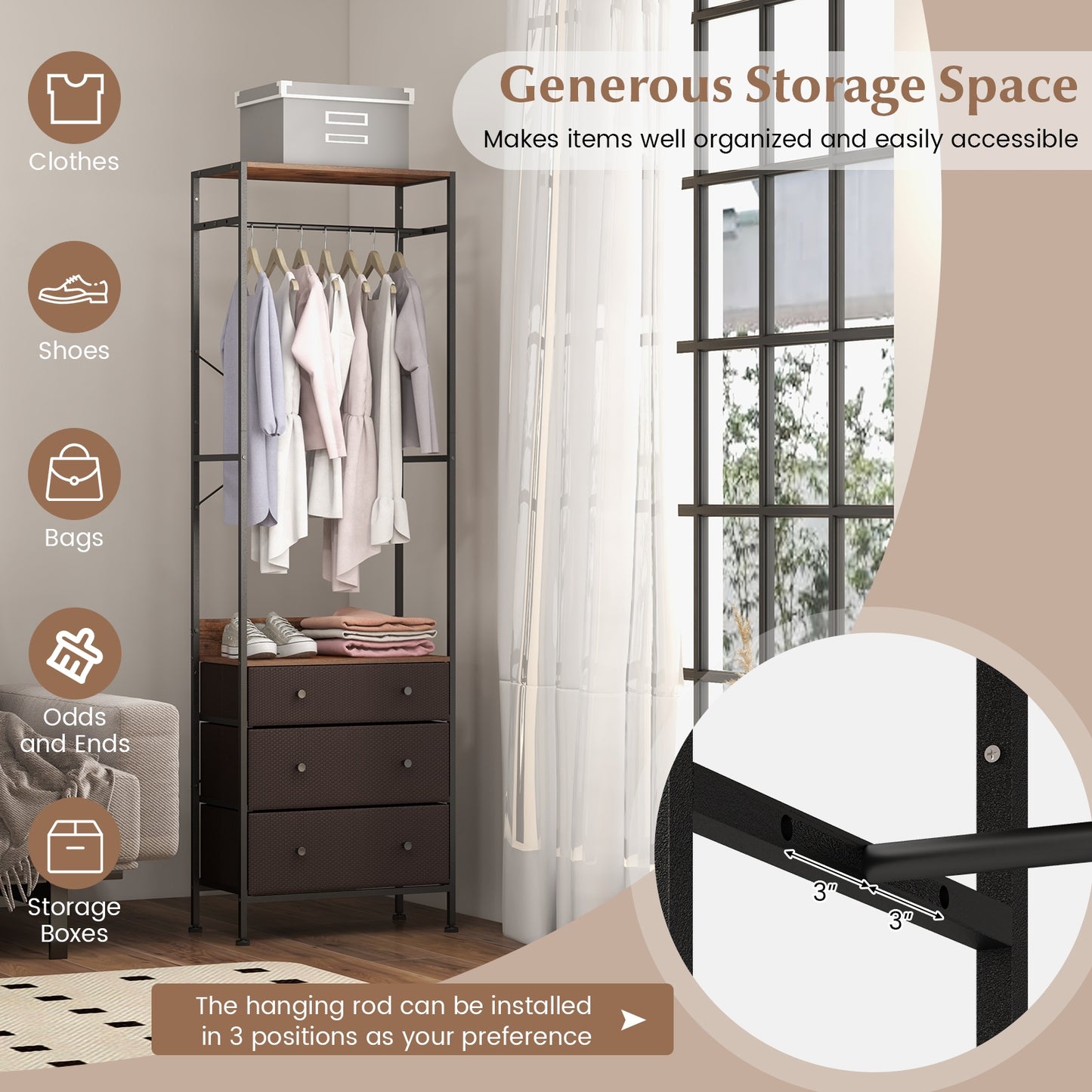 Freestanding Closet Organizer, 3-Position Hanging Rod, Storage Shelves, Brown Cabinets & Chests at Gallery Canada