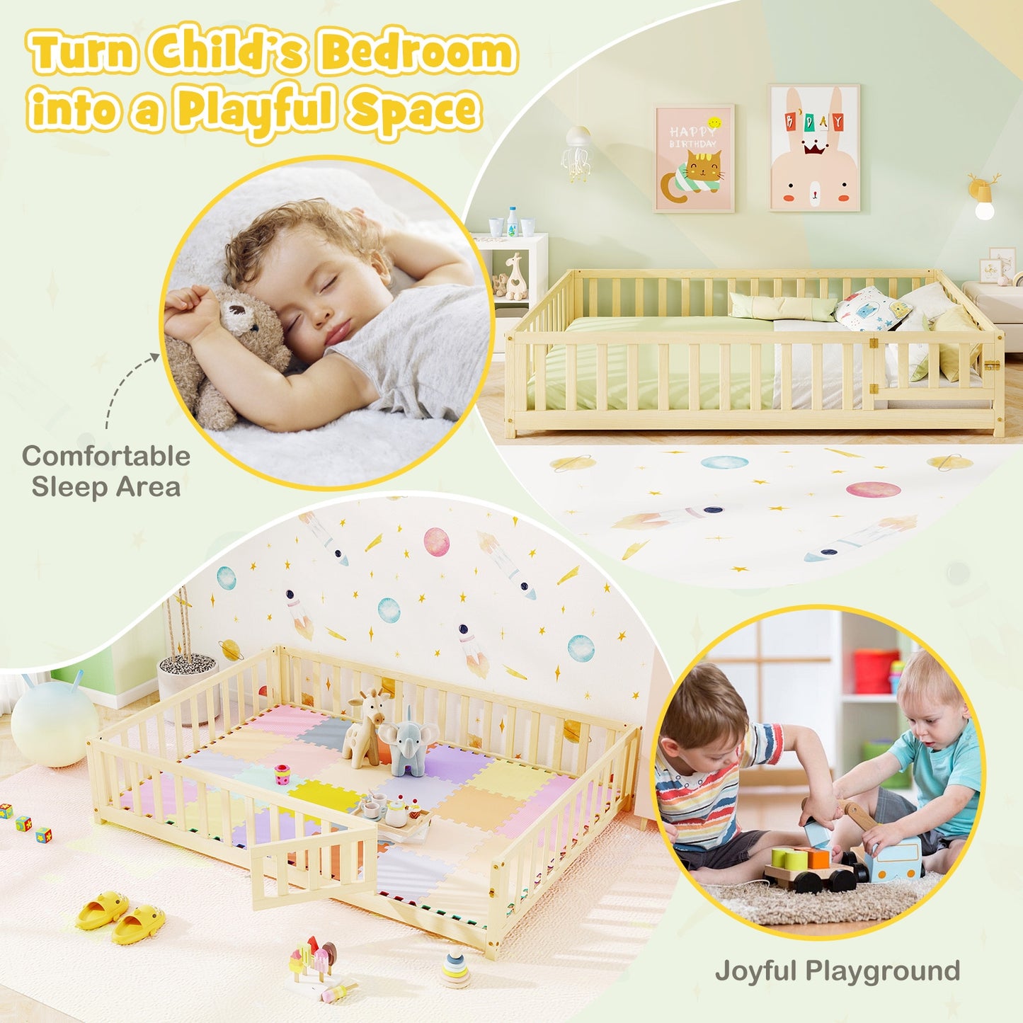 Montessori Bed Frame With Full Guardrails, Safety Door, Natural Toddler Beds at Gallery Canada