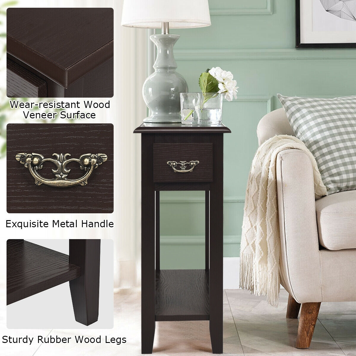 2 Tier End Bedside Sofa Side Table, Narrow Nightstand, Espresso End & Side Tables at Gallery Canada