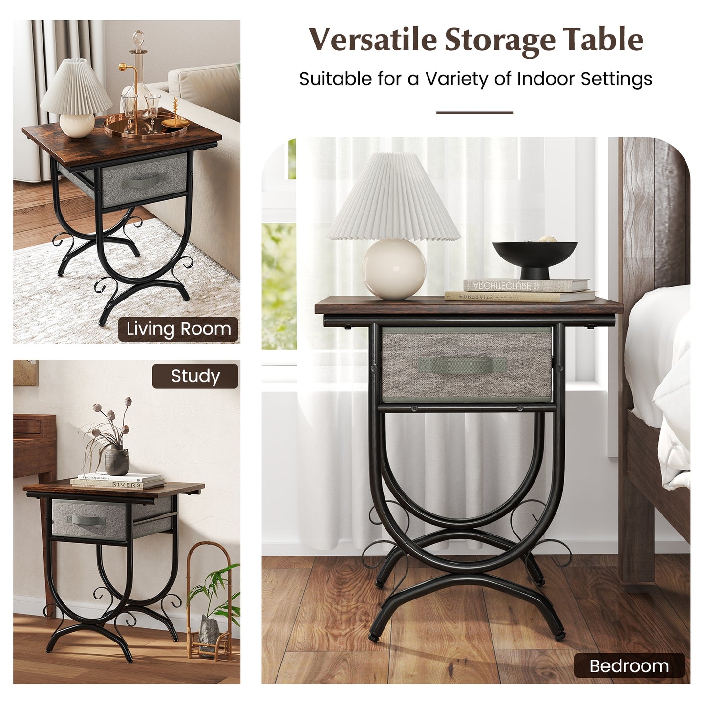 Side Table With Fabric Drawer, Carved Metal Frame, Living Room Nightstands at Gallery Canada