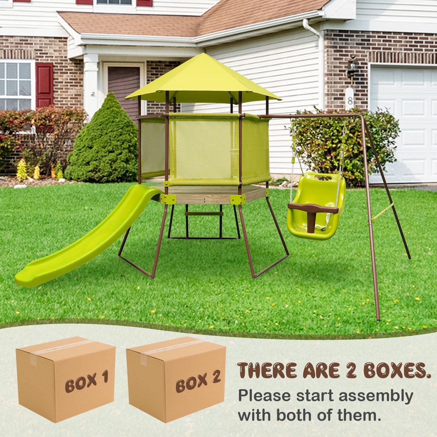 4-in-1 Swing Set With Covered Playhouse Fort, Height Adjustable Baby Seat, Green Swing & Playsets at Gallery Canada