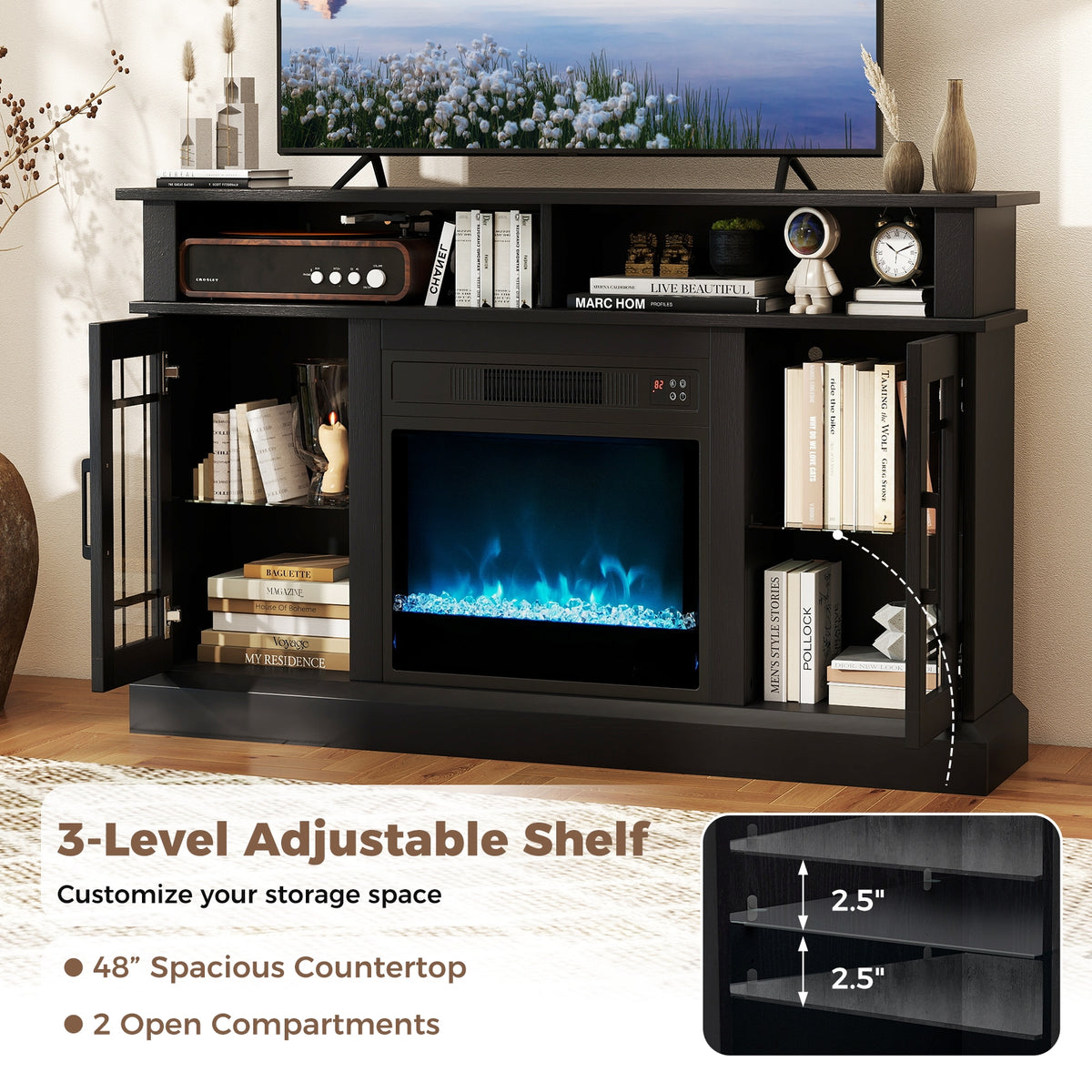 TV Stand With Electric Fireplace, LED Lights, Remote, 40 Inch, Black Fireplaces at Gallery Canada
