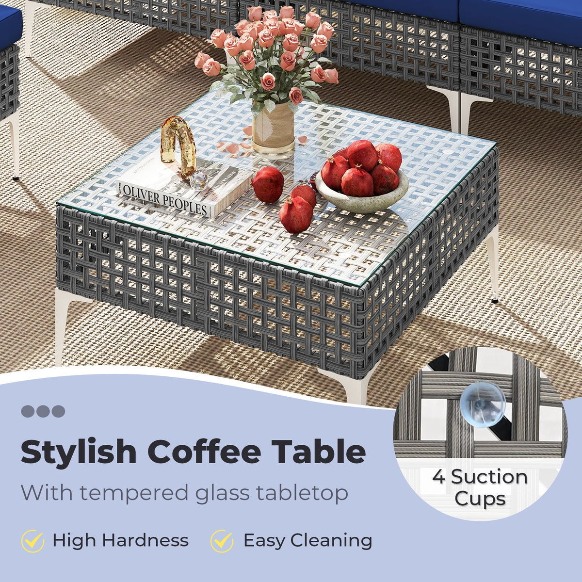 7 Piece Outdoor Furniture Set Wicker Chairs with Tempered Glass Coffee Table, Navy Patio Conversation Sets at Gallery Canada