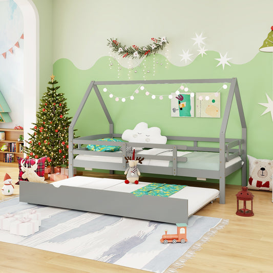 Twin House Bed With Trundle And Fence Rail, Gray Trundle Bed Frame Gray at Gallery Canada